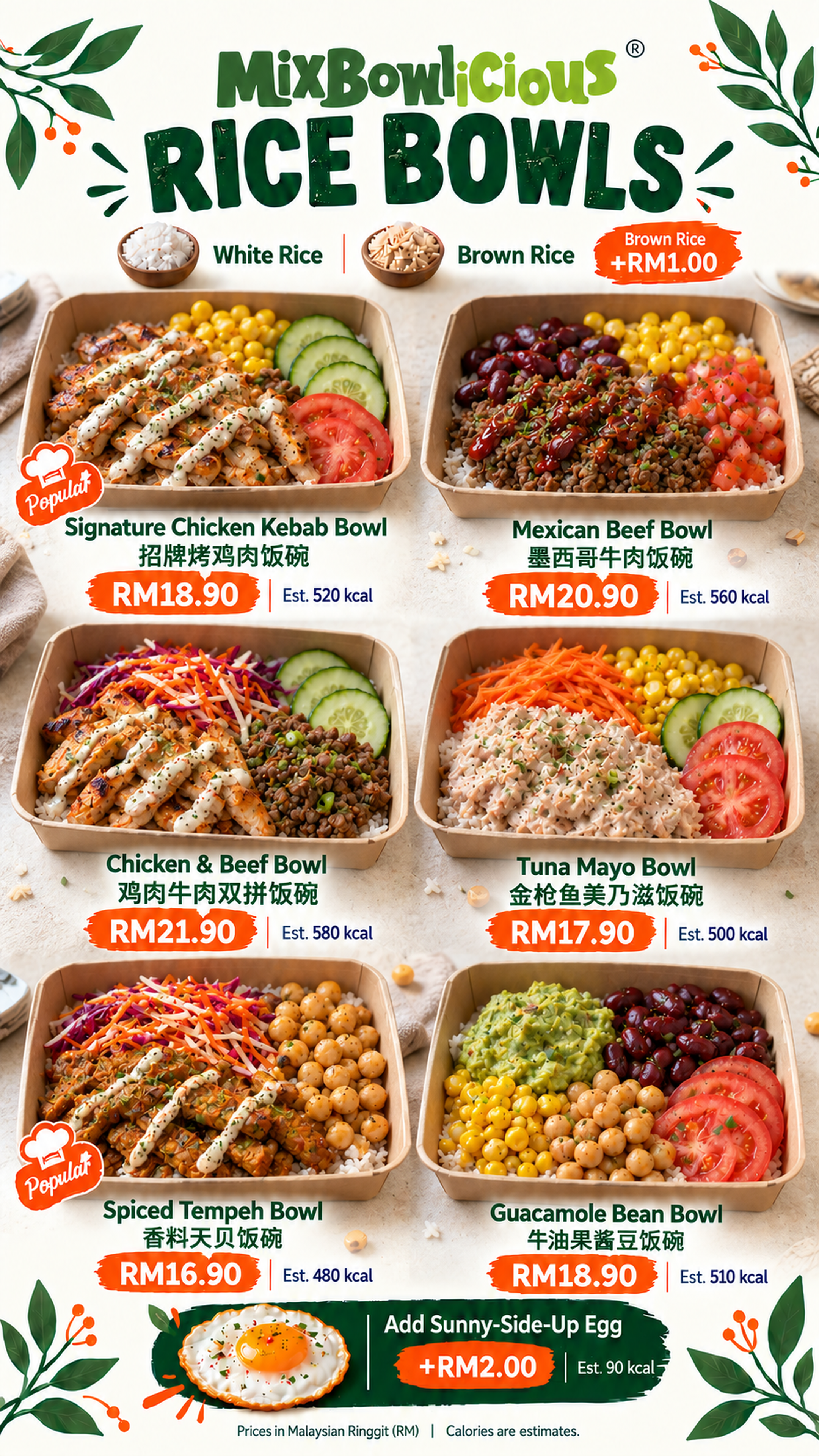 Mixbowlicious Rice Bowls menu with prices in RM and estimated calories